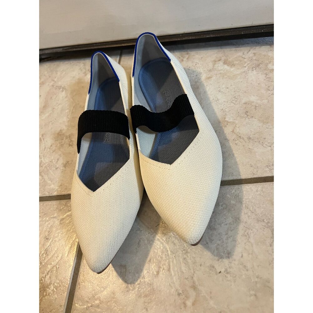 Rothy's The Point Mary Jane Cream and Black Flats Shoes 7 Pointed Toe Preppy